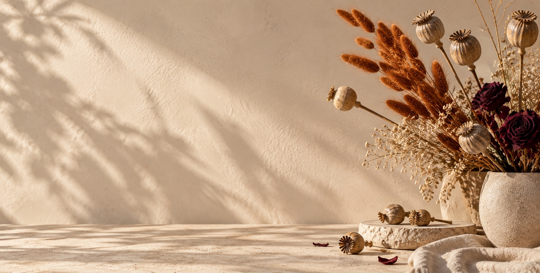 Dried poppy pods, rust bunny tails and burgundy roses in a stoneware vase against a sunlit plaster wall
