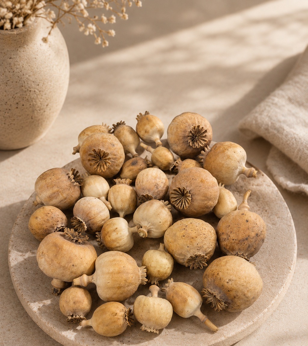 Punjabi dried poppy pods (Papaver somniferum), hand-sorted and sold by the kilo