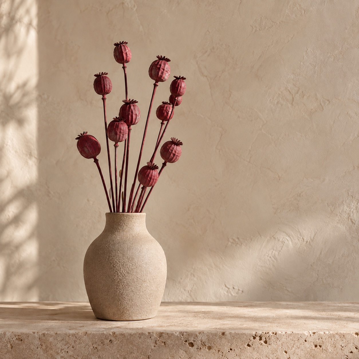 Red dried poppy pods on long 60 cm stems, tied in a bunch